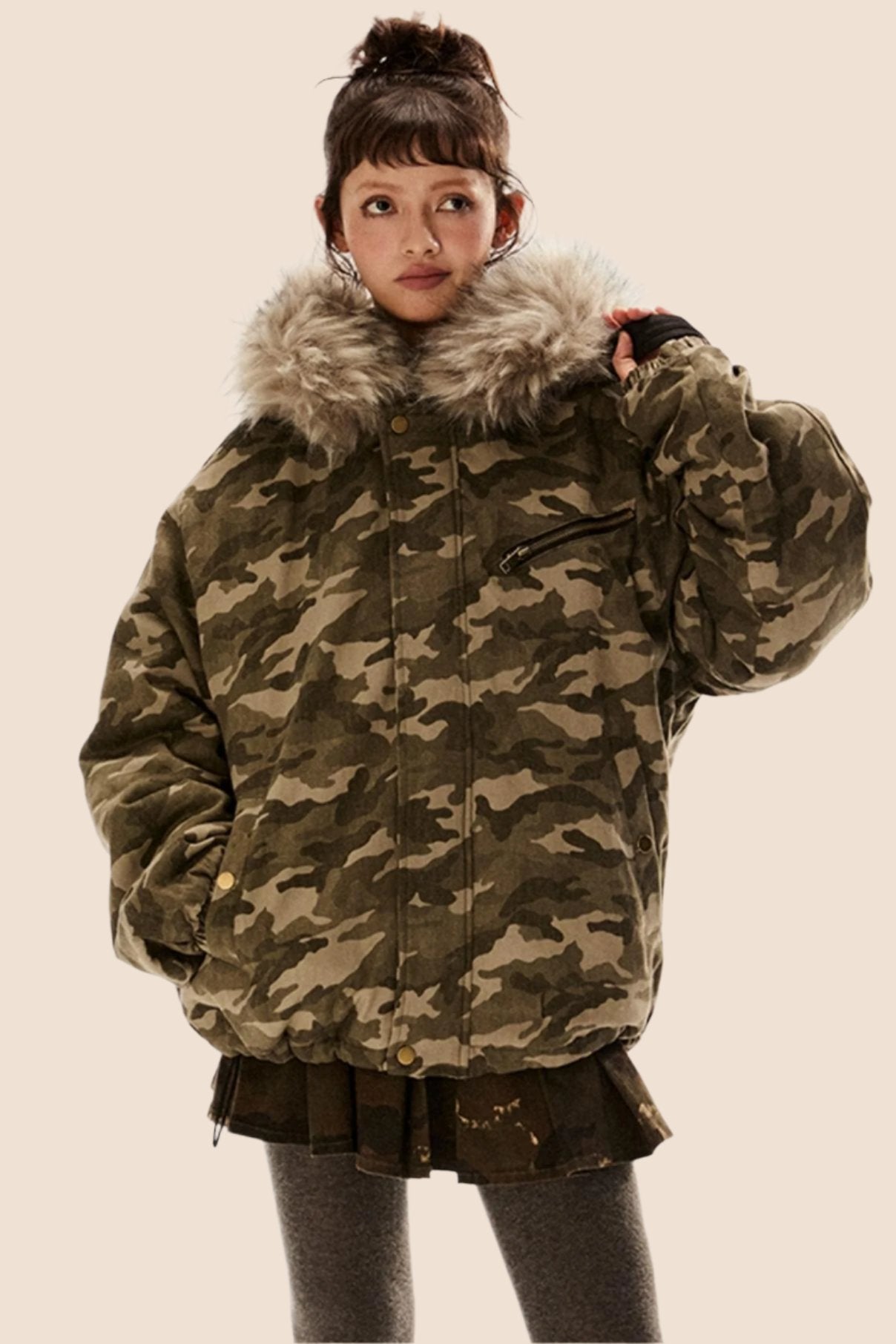 EZEK American Retro Army Green Camouflage Pelzkragen Kapuzenjacke Thickened Cotton Jacket Women's Winter New Jacket Cotton Jacket