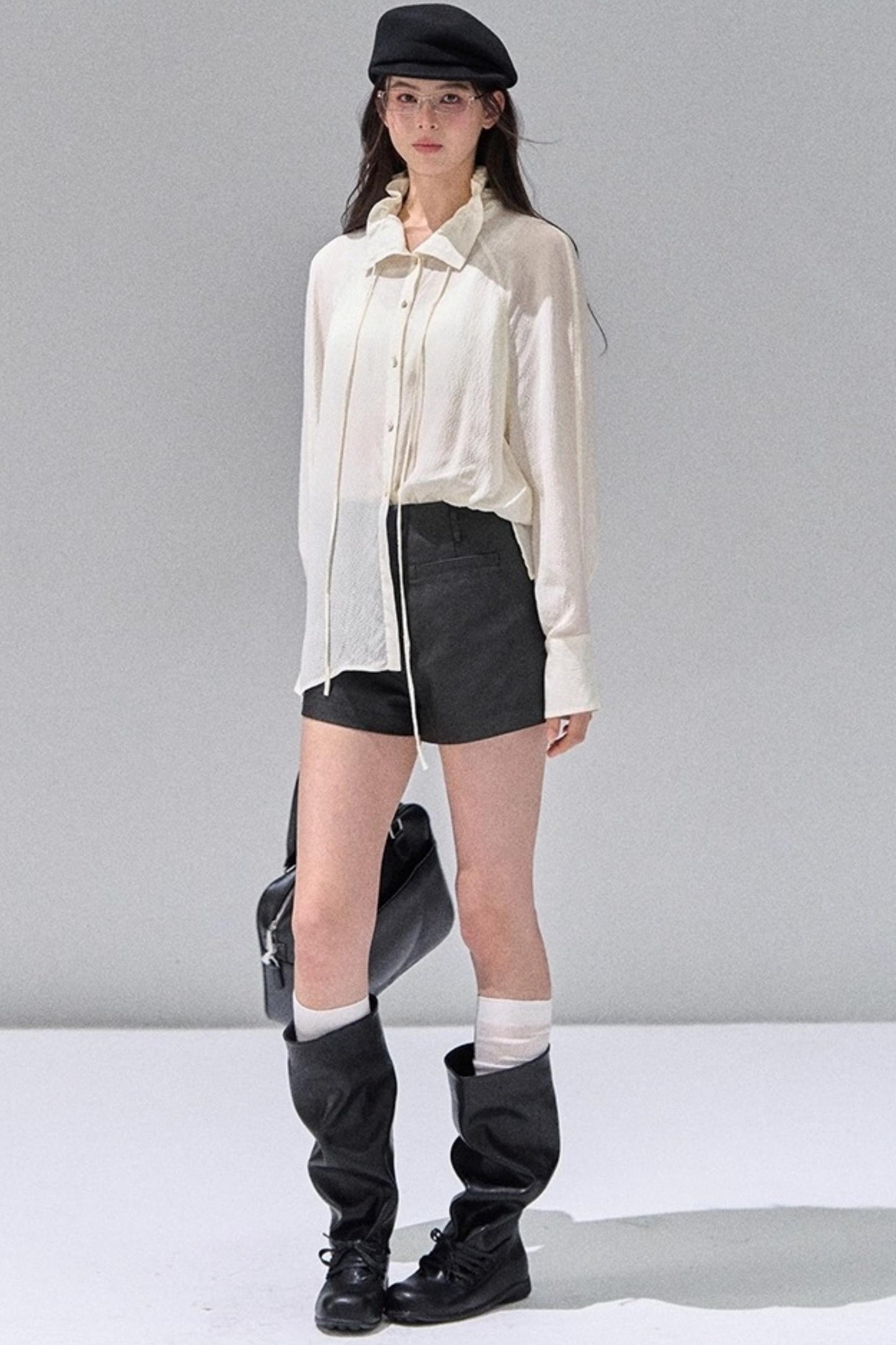 Fungus Edge Collar Drawstring Lace-up Shirt