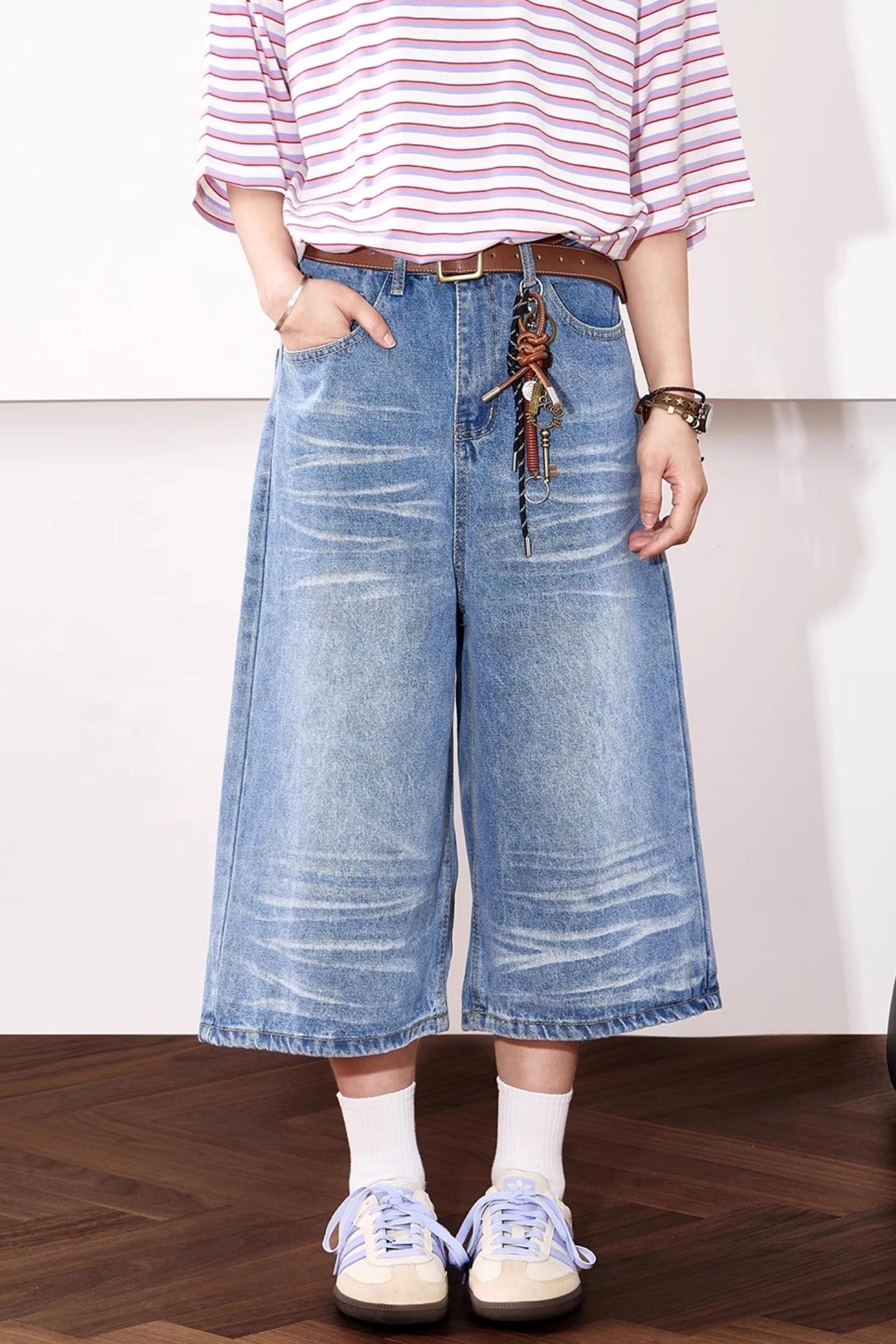 High-Waisted Whisker Denim Shorts