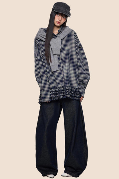 Plaid Pleated Long Sleeve Shirt