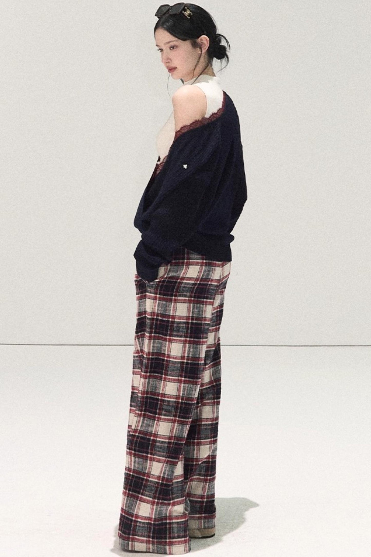 Pure Cotton Plaid Wide-Leg Pants