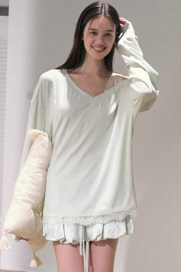 Greenery Lace Slanted Pullover Sweatshirt