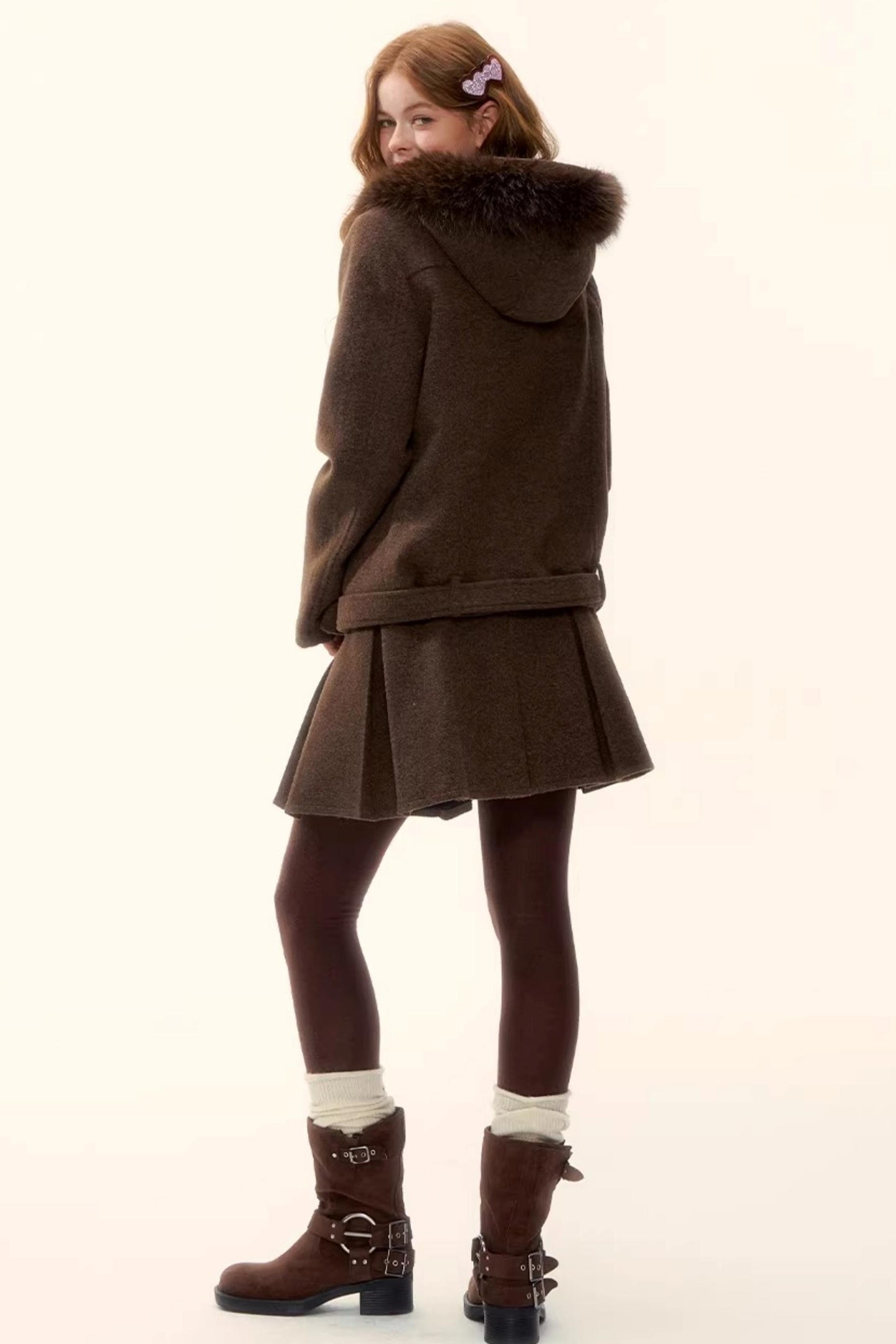 Retro Coffee Woolen Coat Set-Up