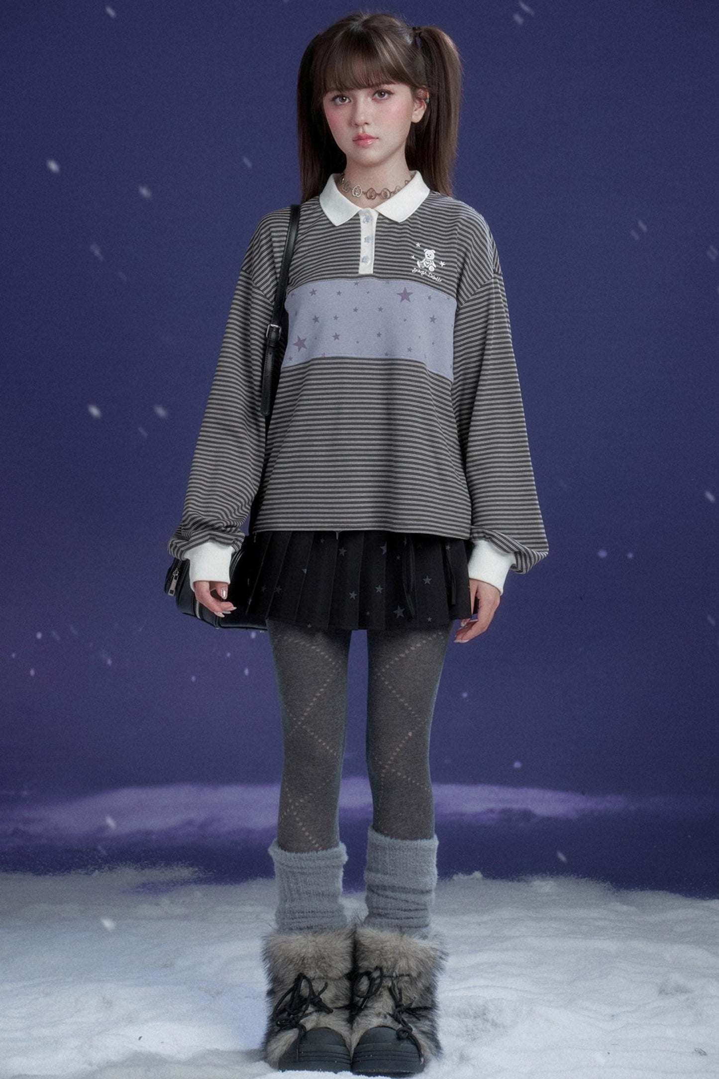 Energetic Gray-Purple Striped Polo Top