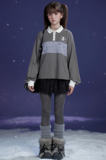 Energetic Gray-Purple Striped Polo Top