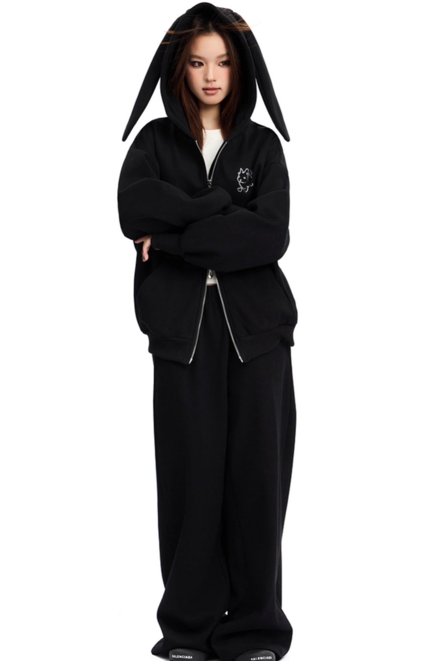 Bunny Ears Hooded Cardigan & Wide Pants Set-Up