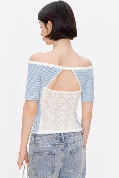 Blue Asymmetrical Lace Top