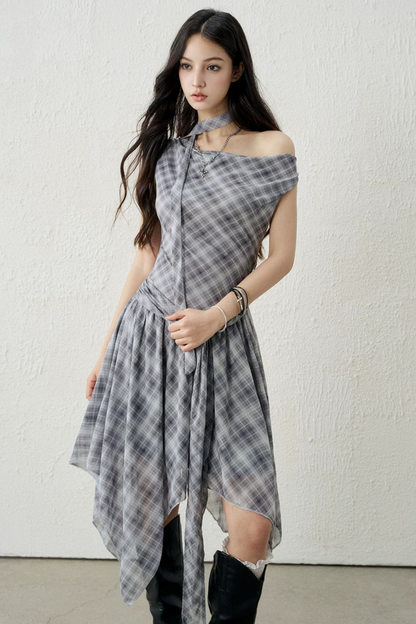 Plaid Irregular-Hem Dress
