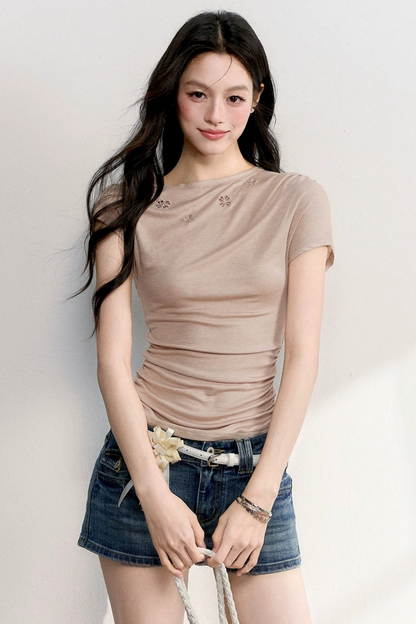펀칭 자수 프릴 소매 상의