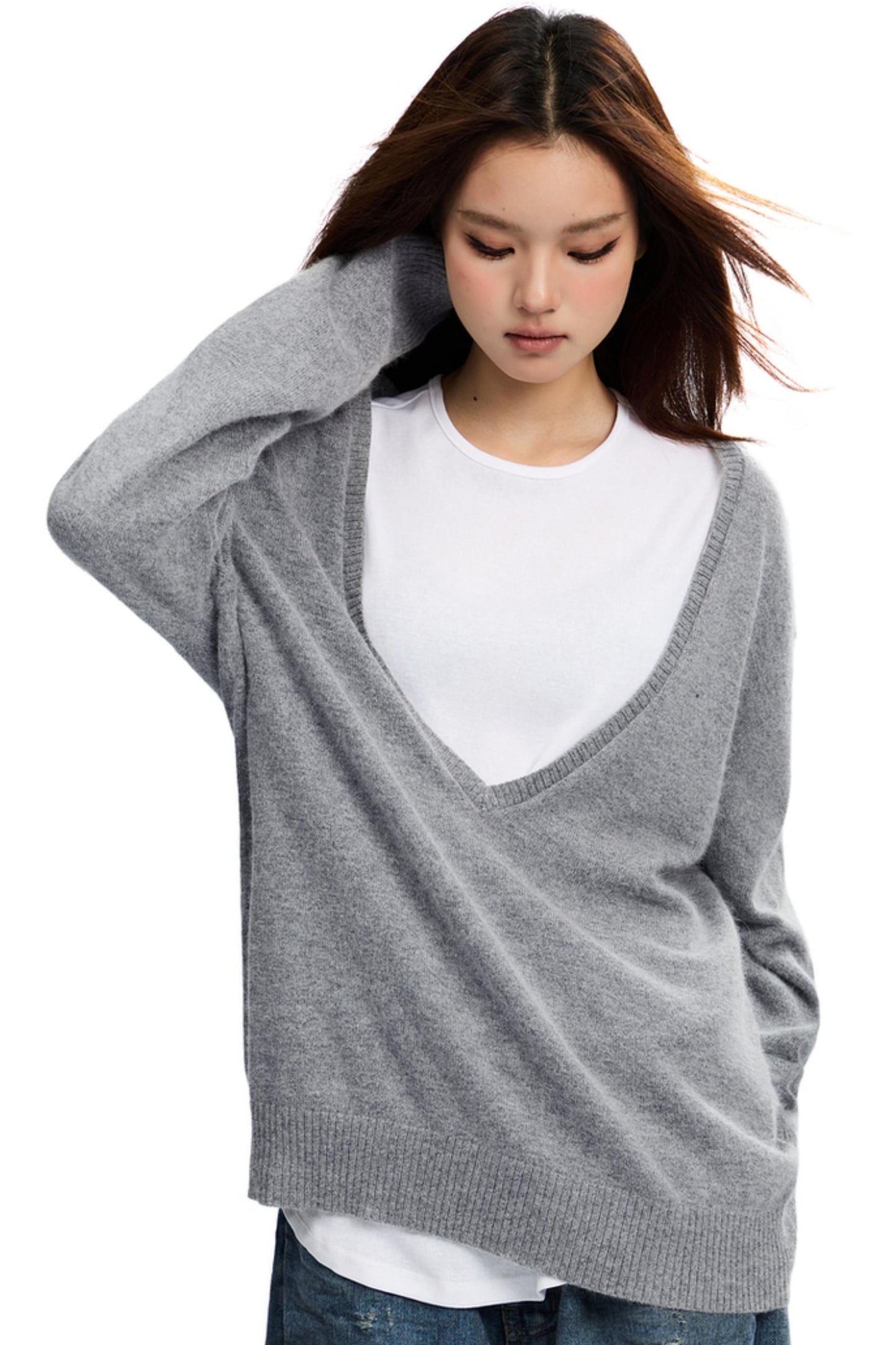 Grey V-Neck Retro Sweater