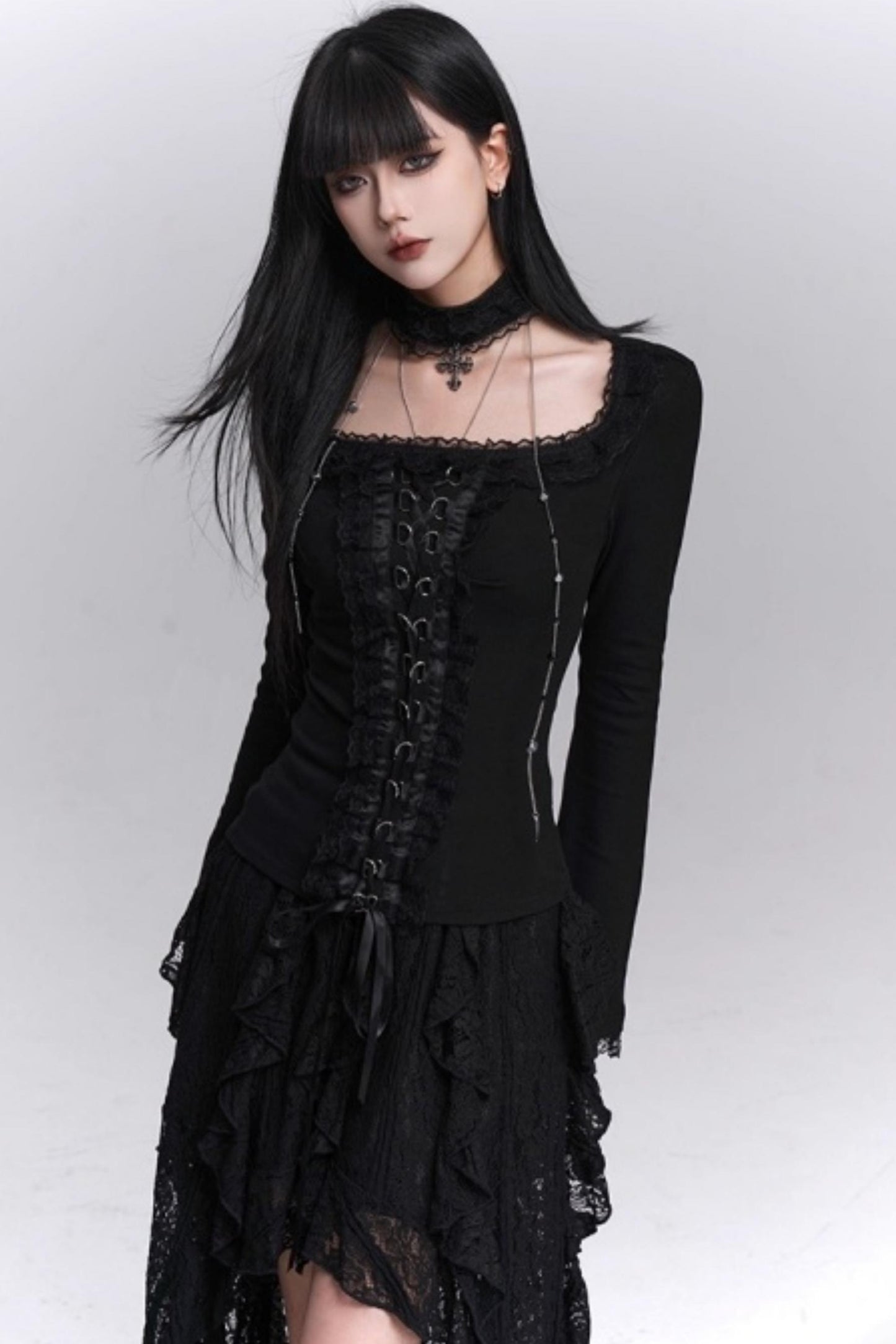 Gothic Black Slim Long Sleeve Top