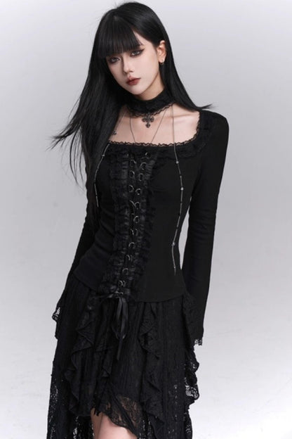 Gothic Black Slim Long Sleeve Top