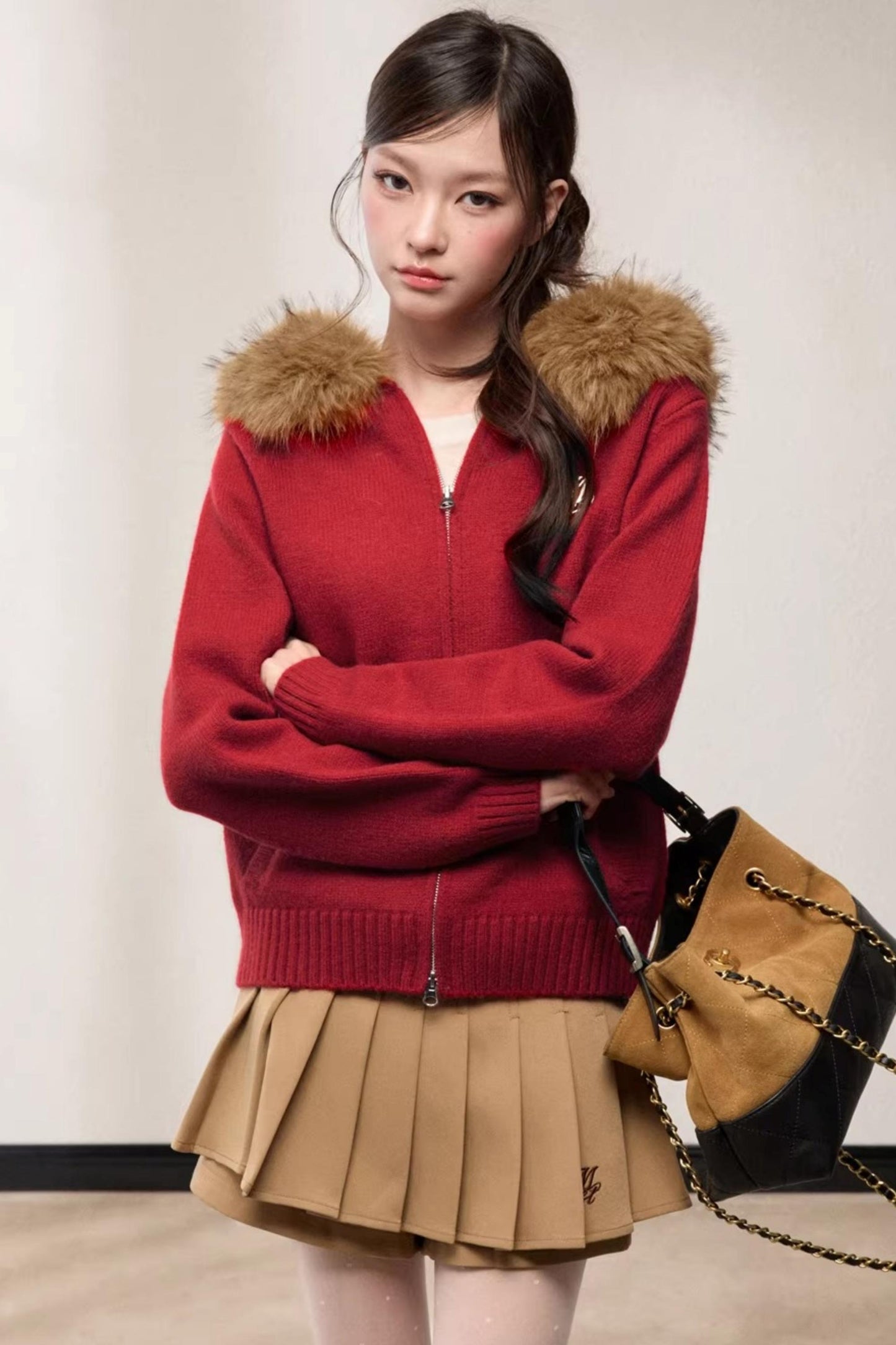 Fur Collar Hooded Knit Cardigan
