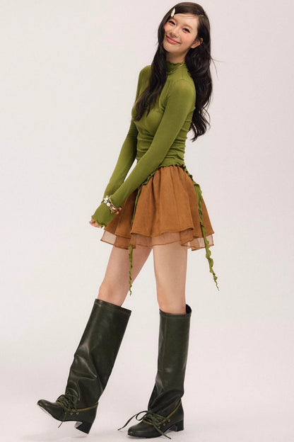 Suede Flower Bud Puffy Skirt