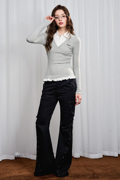 Lace Hem Striped Long Sleeve Knit Tee