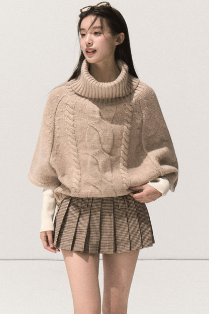 Wool Twist Knit Cape Sweater Top Skirt Set-Up