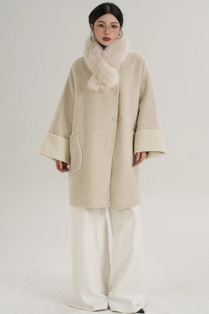 Elegant Fox Fur Collar Wool Cape Coat