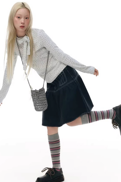 Pleated Denim A-Line Skirt