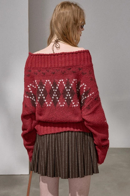 Thick Knit Argyle Off-Shoulder Sweater