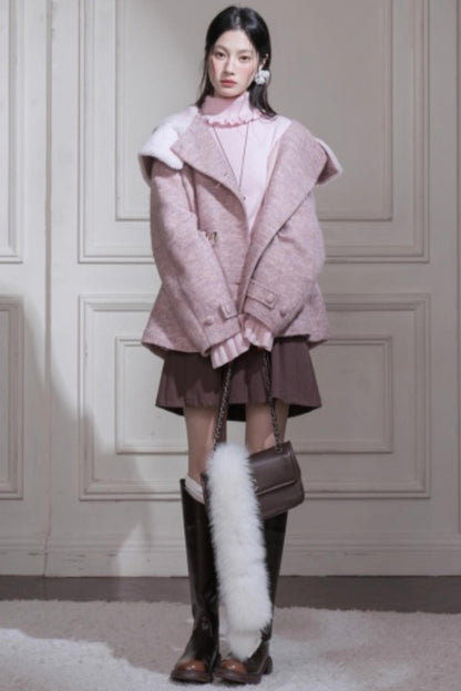 Cream Pink Hooded Wool Coat Set