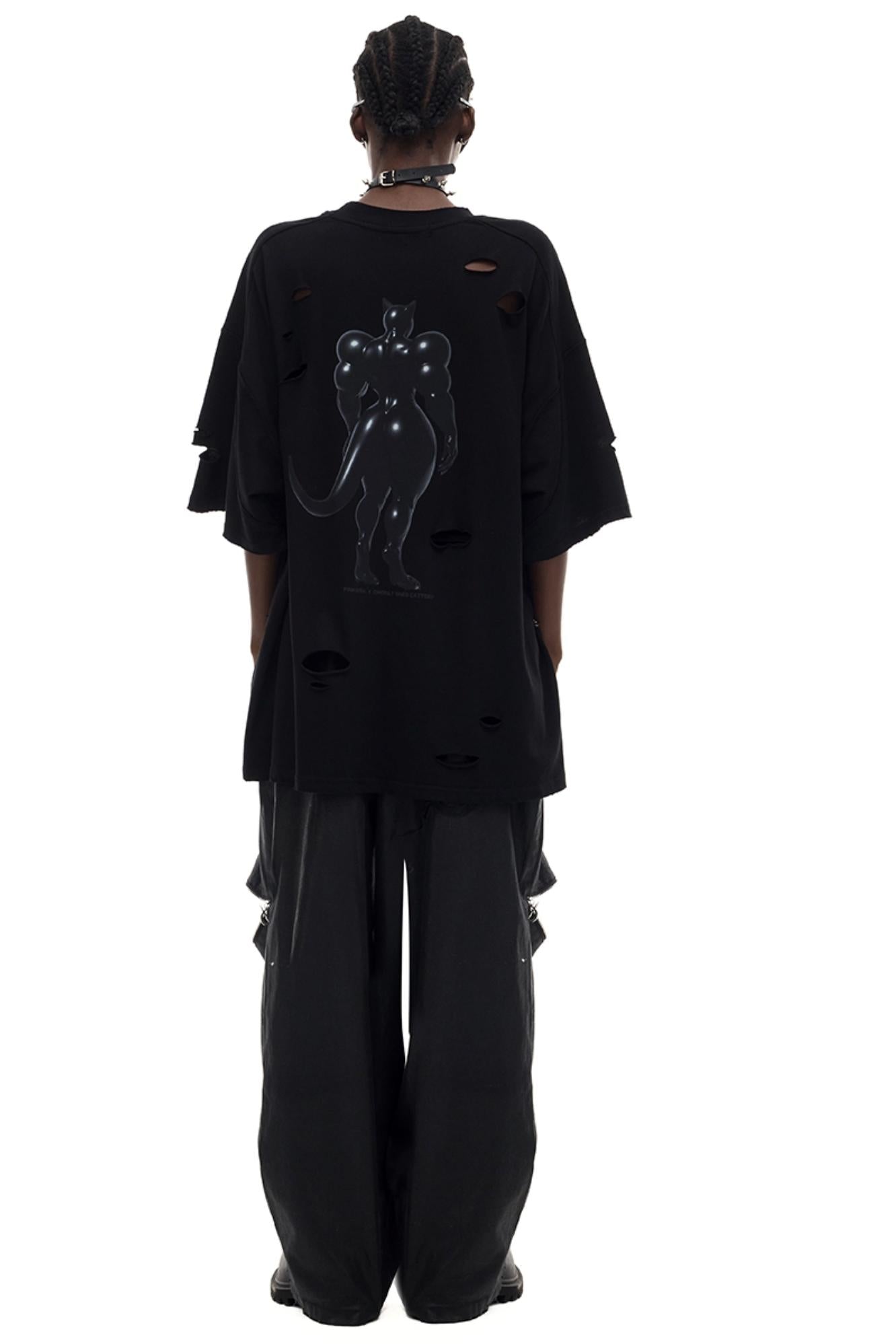 Cat Print Waist Black T-Shirt