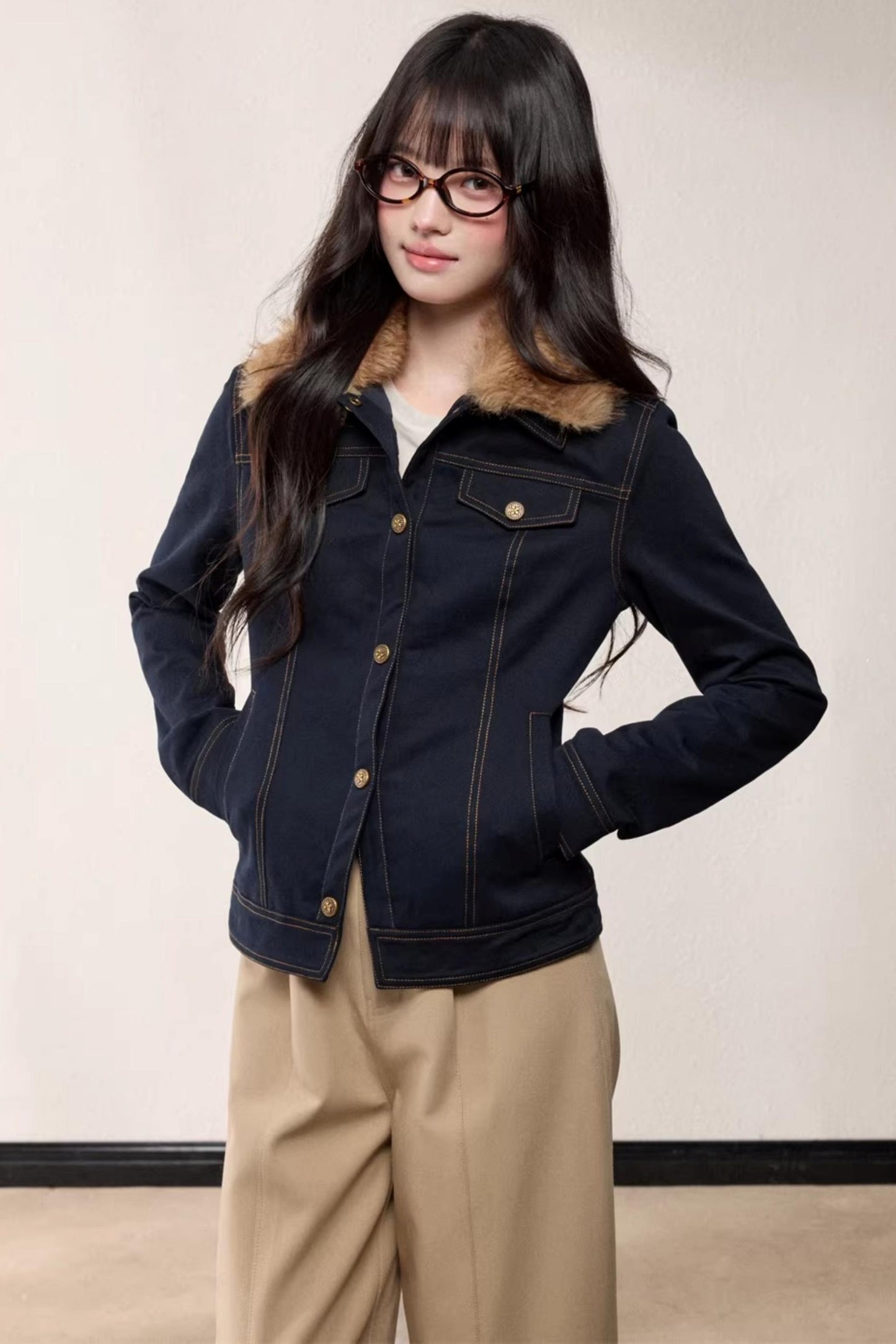 Fur Collar Patchwork Denim Jacket