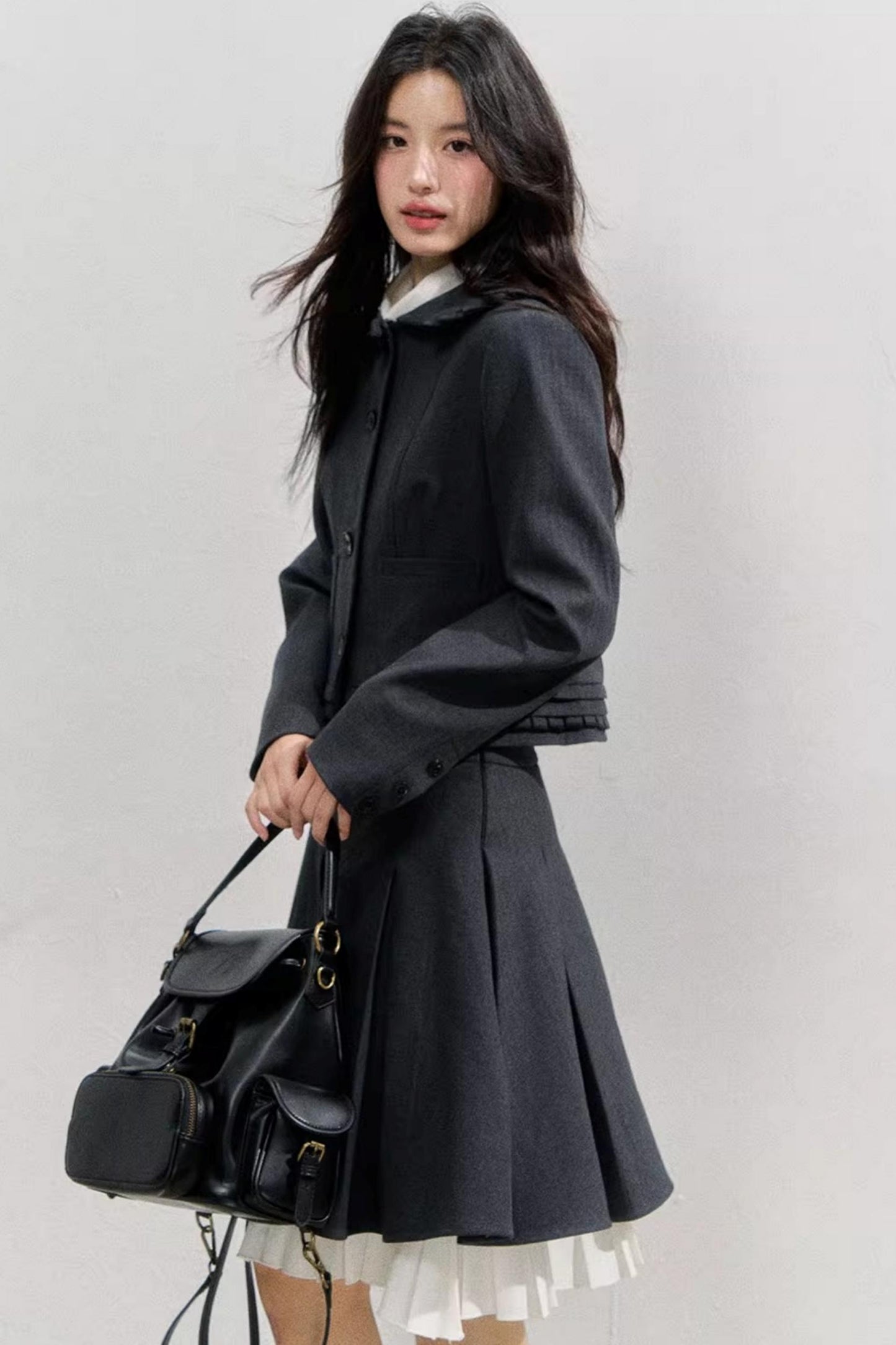 Lead Grey Preppy Blazer Skirt Set-Up