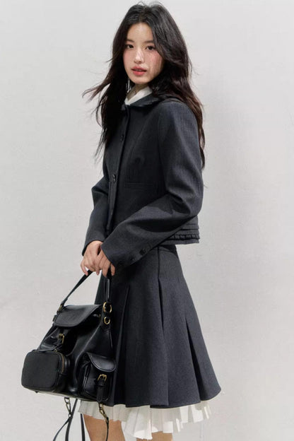 Lead Grey Preppy Blazer Skirt Set-Up