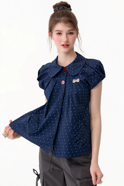 Maglia aderente retrò con colletto Peter Pan a pois