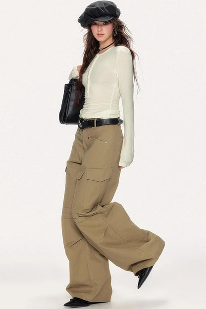 High-Waisted Solid Color Wide-Leg Trousers