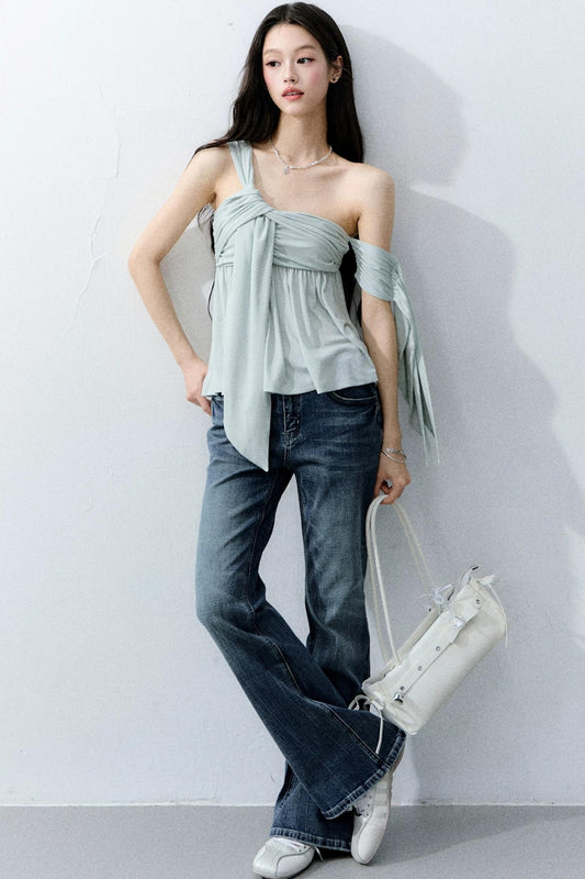 Island Green Asymmetrical Off-Shoulder Top Set-Up
