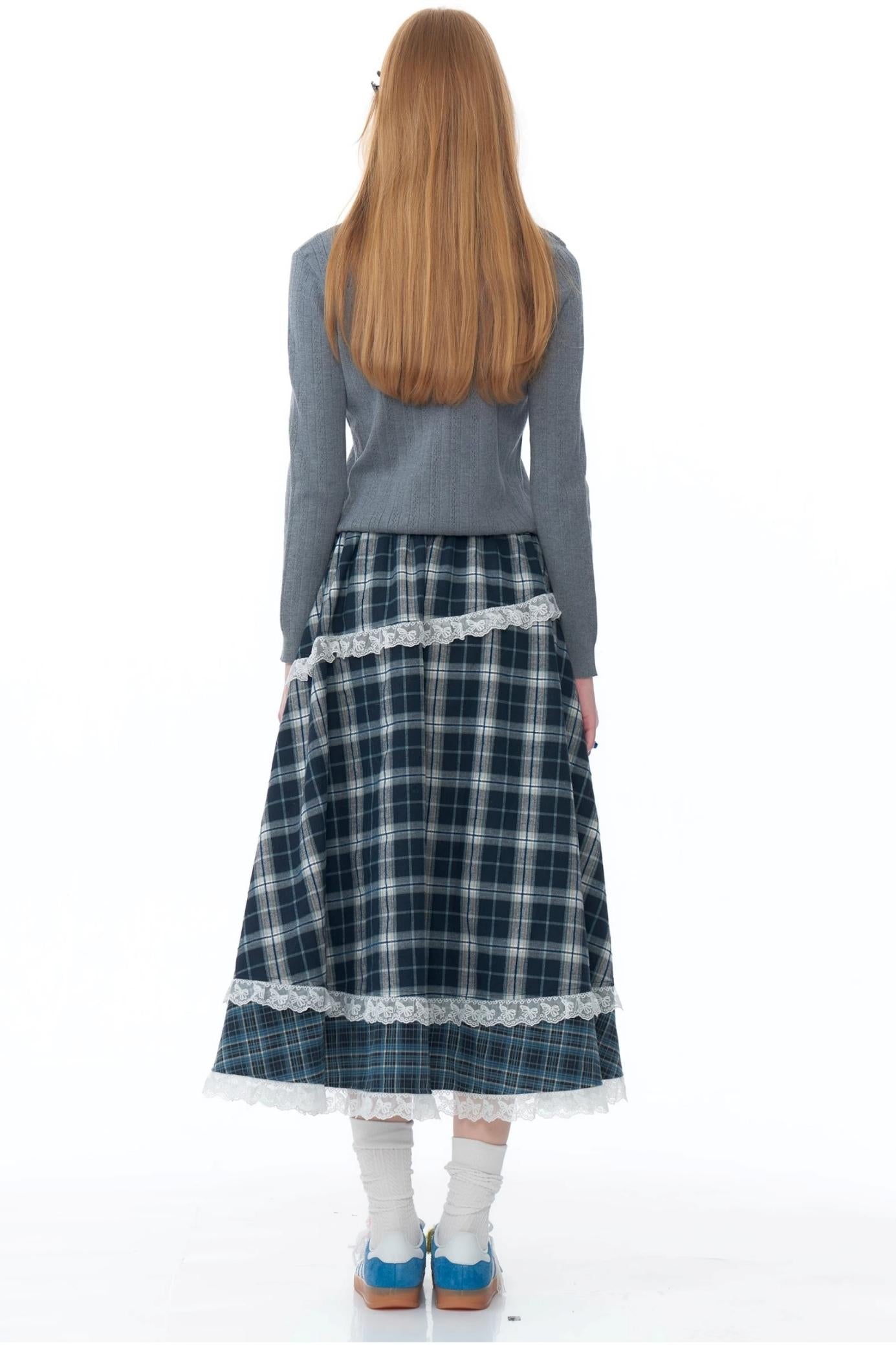 Niche Design Plaid Lace Patchwork Skirt