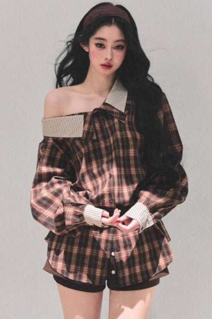 Off-Shoulder Plaid Shirt