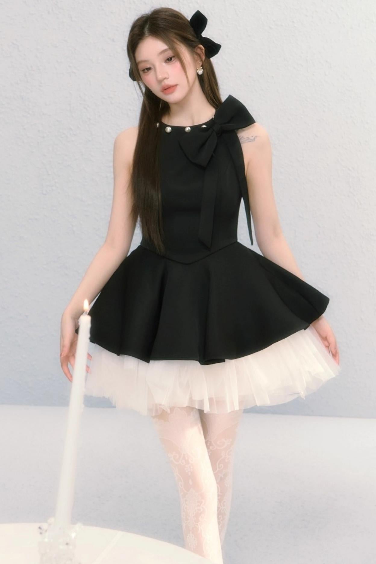 Obsidian French Bow Sleeveless A-Line Dress