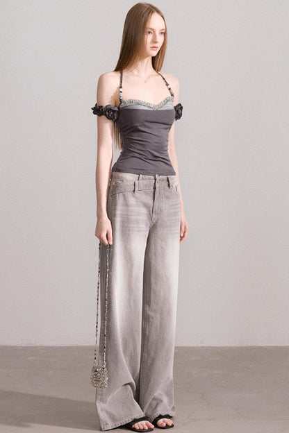 Vintage Lace-Waist Wide-Leg Jeans