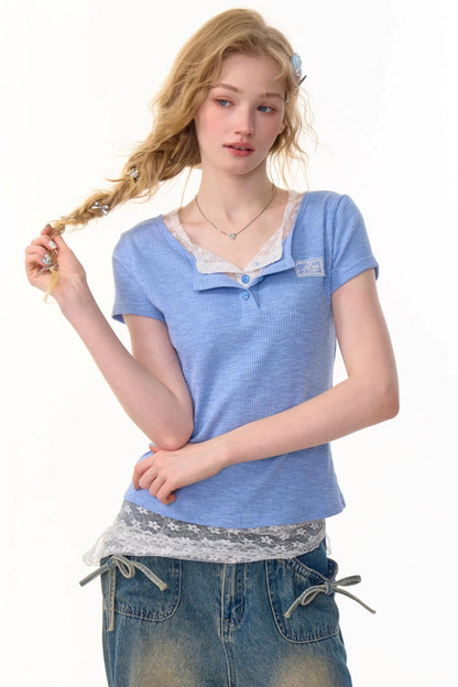 Lace Patchwork Fitted Two-Layer T-Shirt