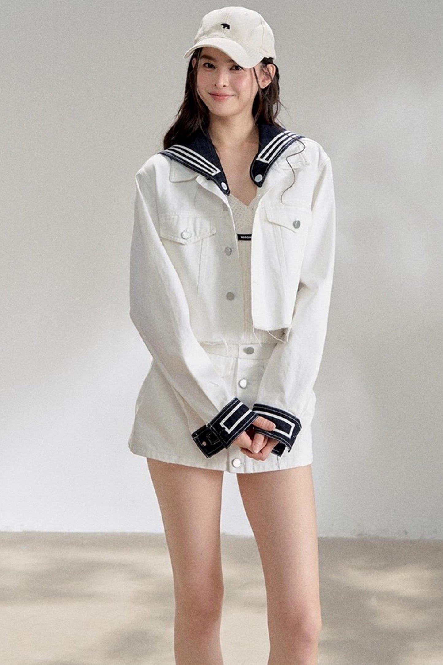 White Navy Short Denim Jacket Set-Up