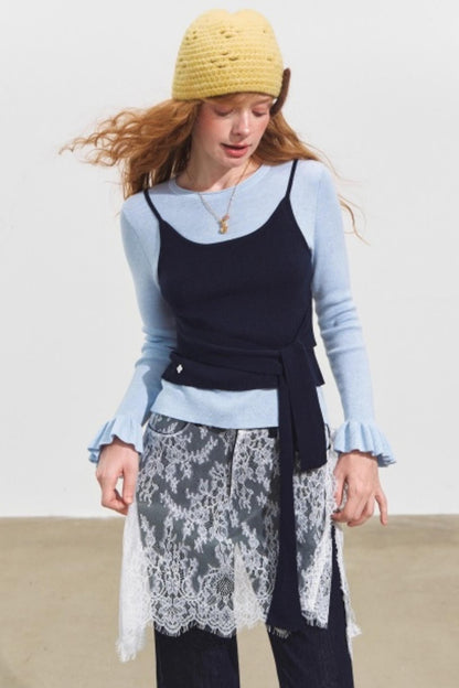 Fake Two Contrasting Tie-Up Sweater