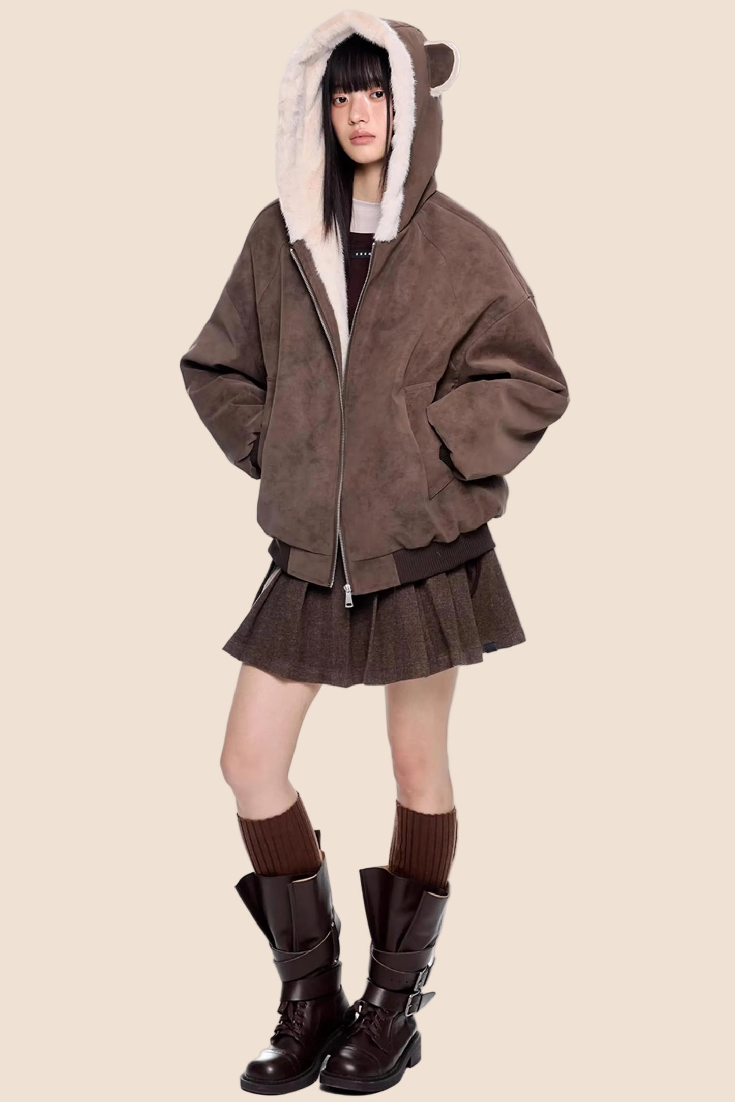 Faux Suede Hooded Fur Coat