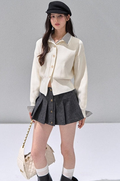 Fake Two Polo Lapel Sweater Skirt Set-Up
