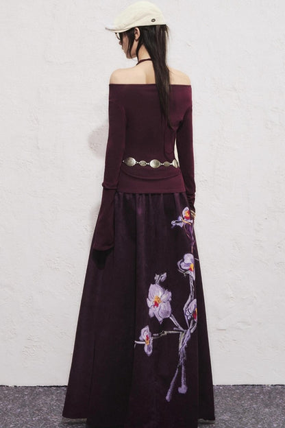 Purple Flower Print Long Skirt