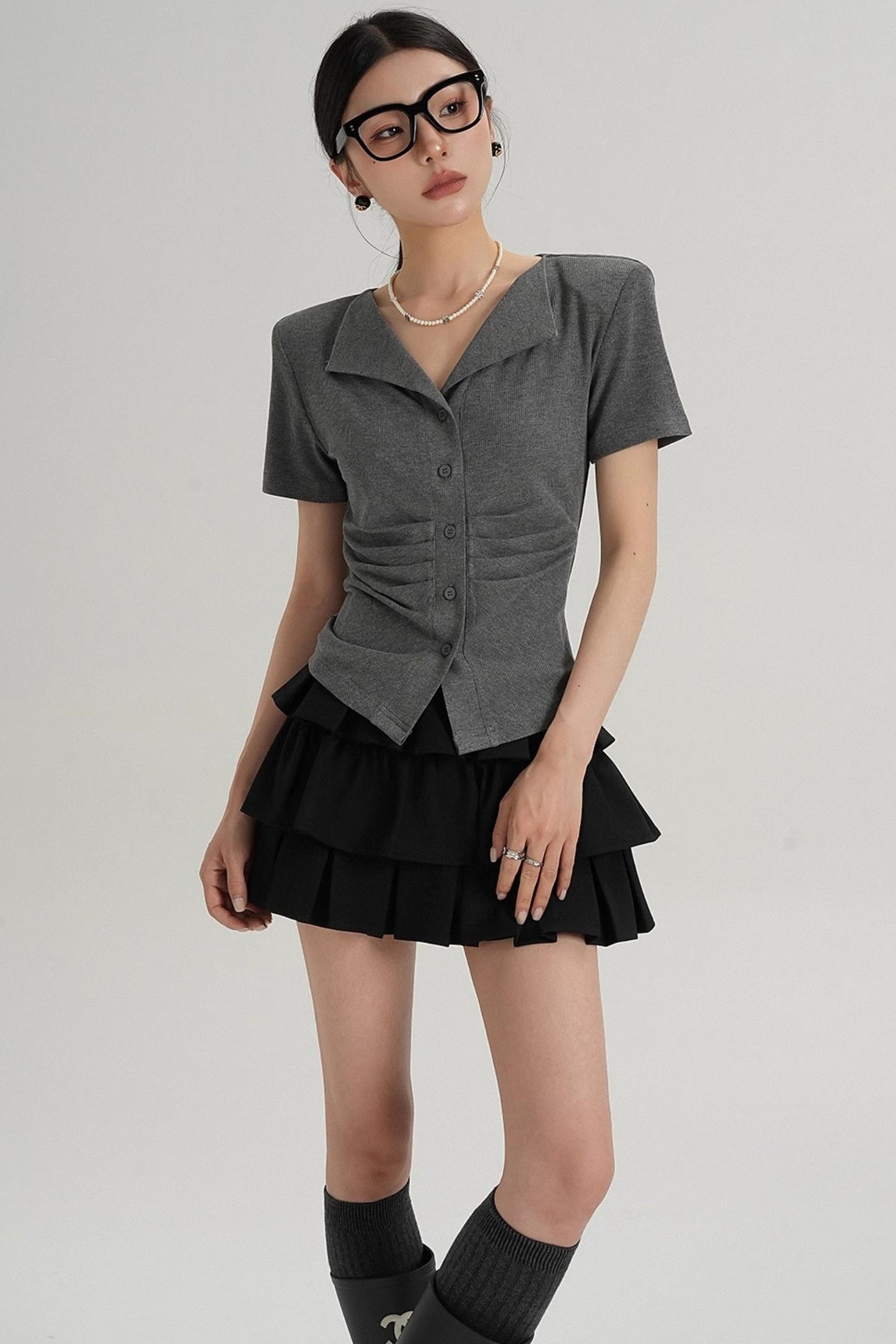 Pleated V-Neck Blouse