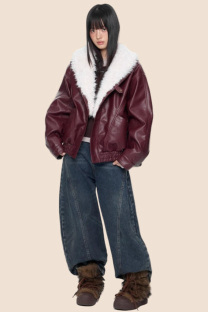 Fur Collar Leather Jacket Coat