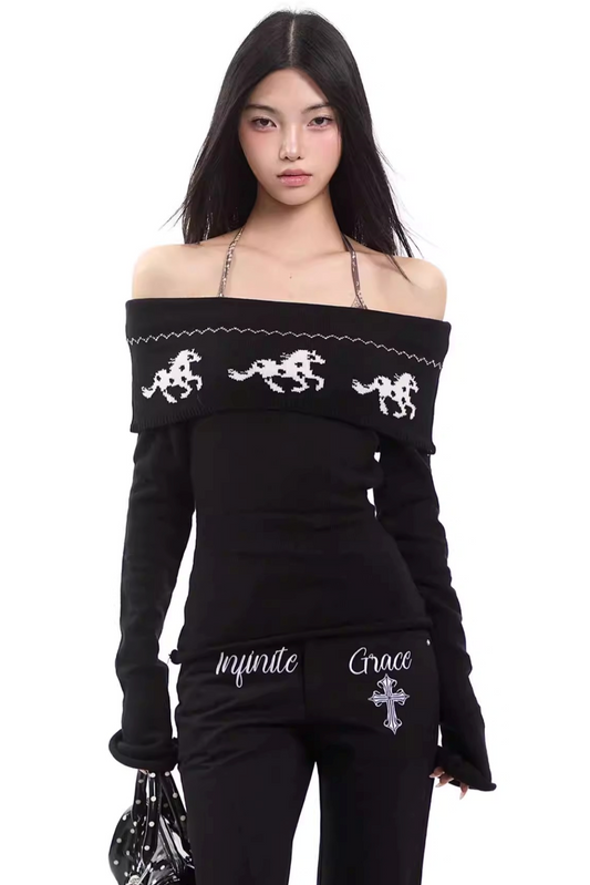 Black Off-Shoulder Knitted Sweater
