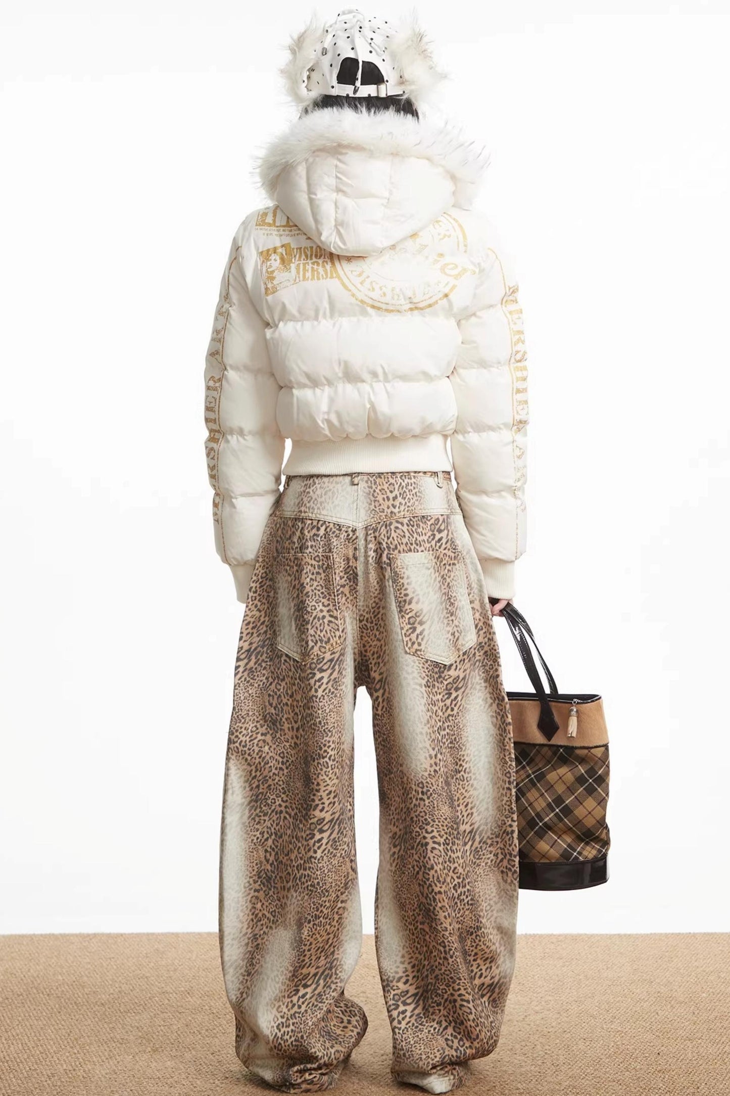 Printed Short Fur Collar Down Jacket