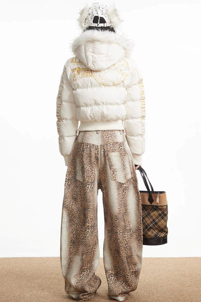 Printed Short Fur Collar Down Jacket