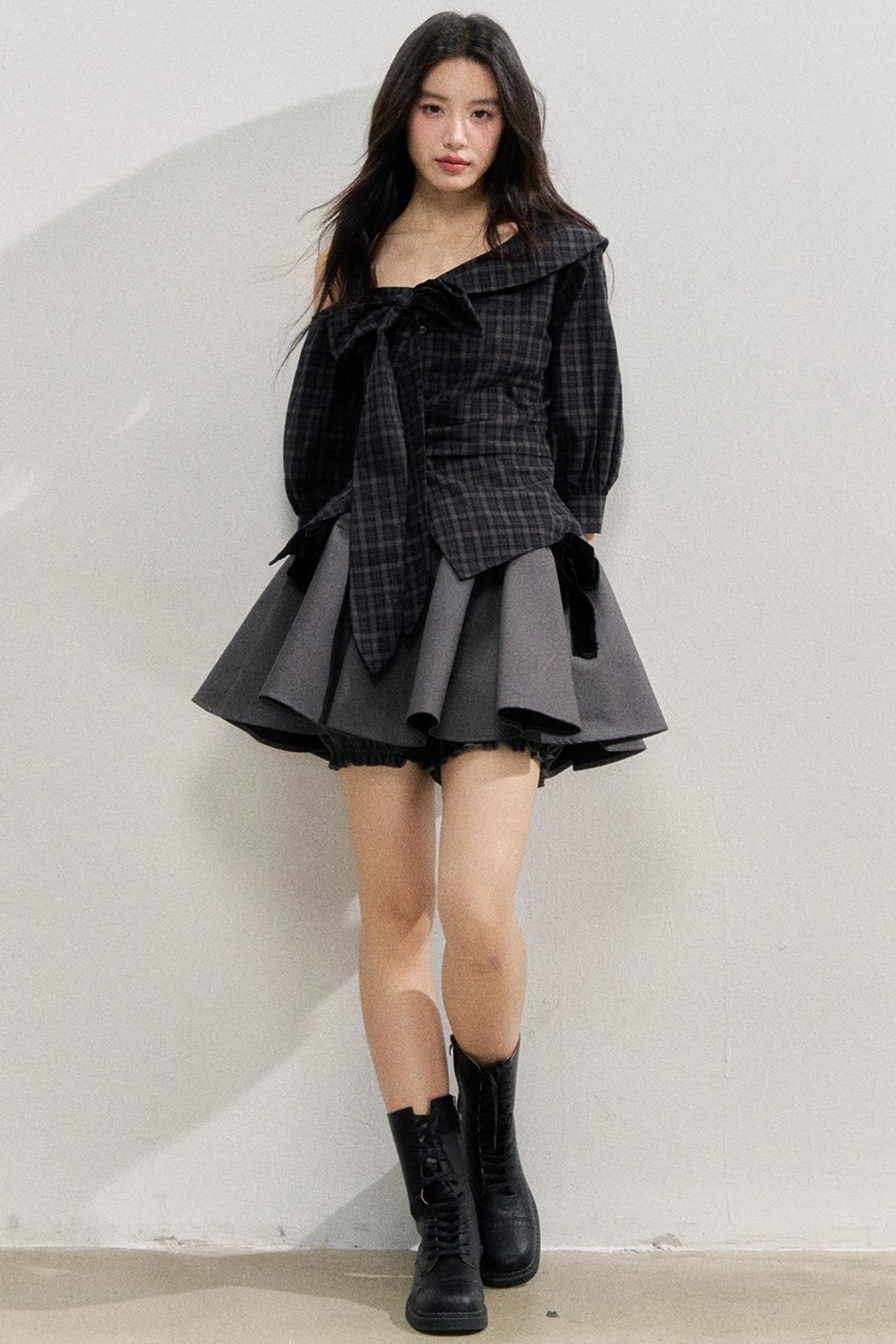 Plaid Bow One-Shoulder Waist Shirt