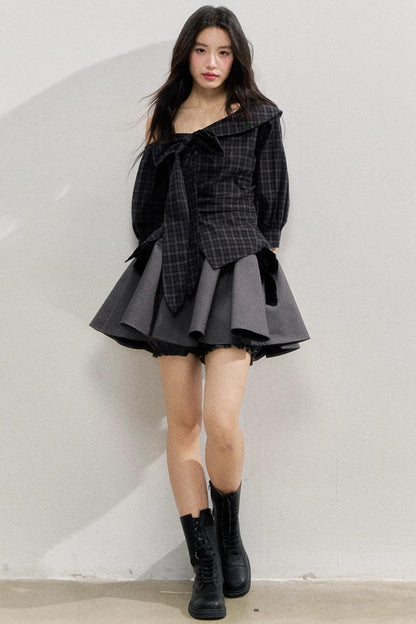 Plaid Bow One-Shoulder Waist Shirt