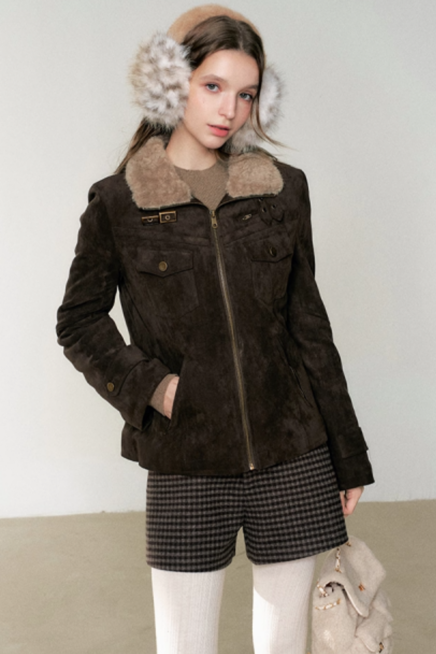 Coffee-Colored Fur Collar Coat