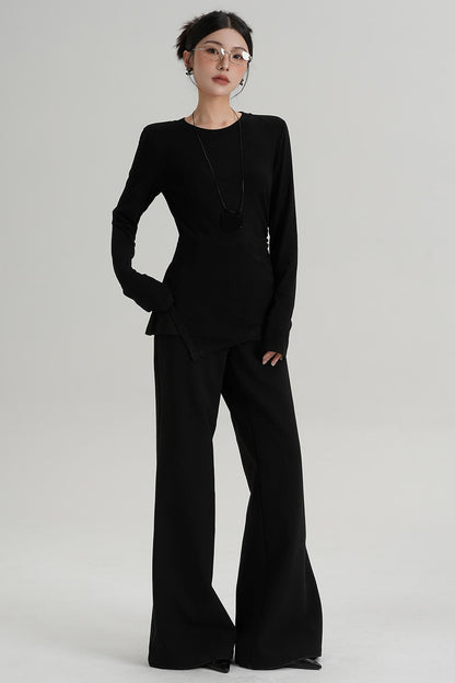 Shoulder Pads Hem Slit Long Sleeve T-shirt